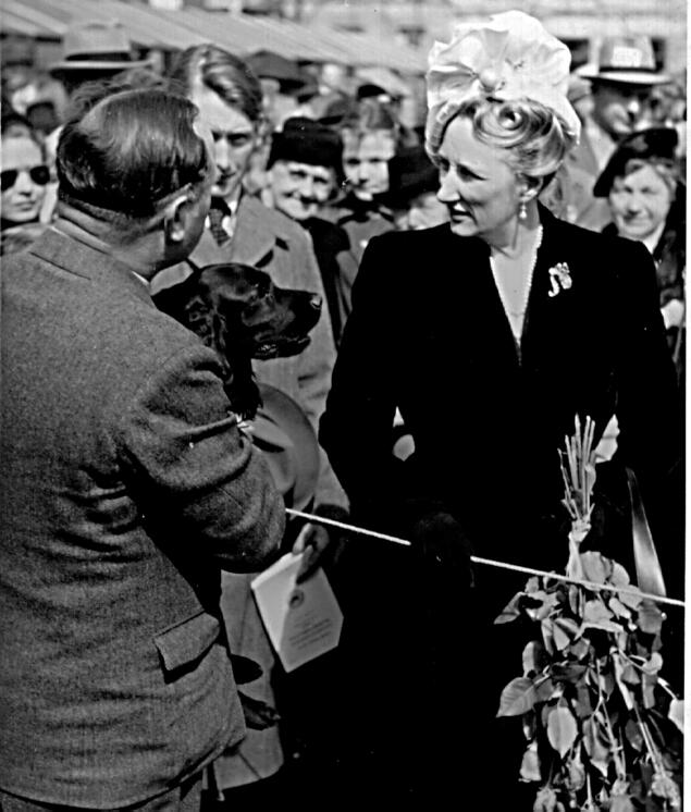 Gammelt bilde fra 1947 hvor kronprinsesse Märtha hilser på en mann med en cocker spaniel på armen.